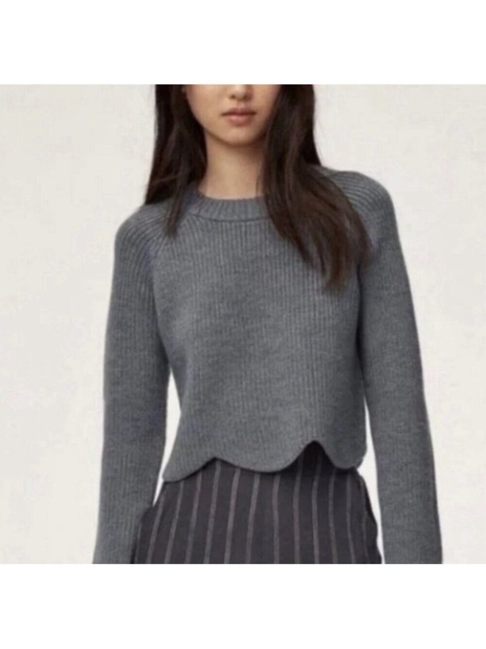 Aritzia Wilfred Sardou 100% Merino Wool Scalloped Cropped Sweater Gray Women’s M